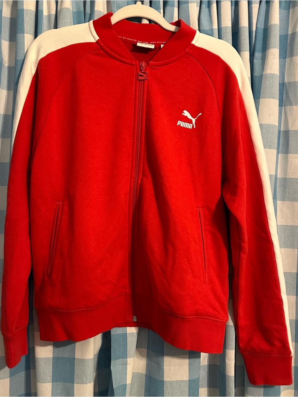 Puma Red Track Jacket with White Stripe Down Each Arm